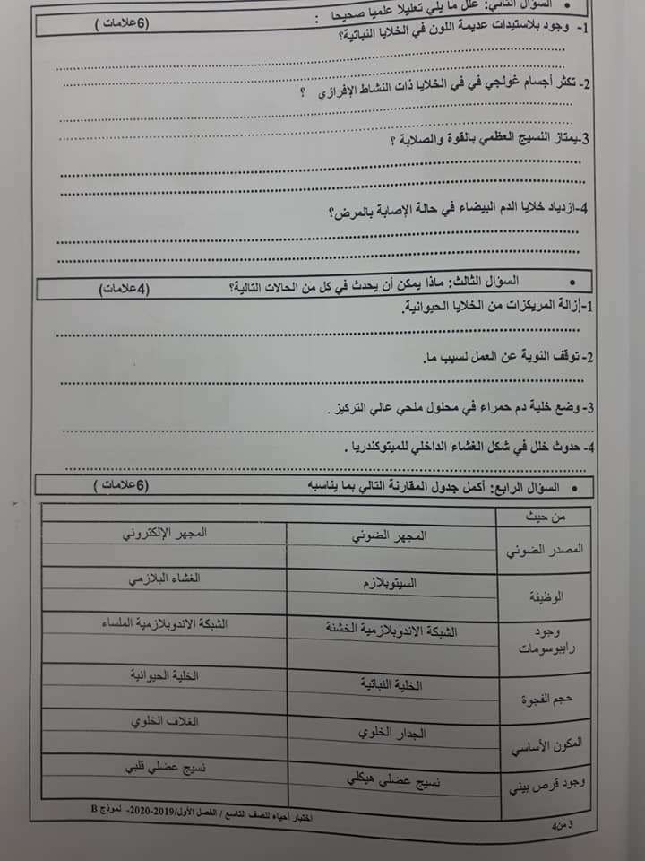 صور نموذج B وكالة امتحان احياء نهائي للصف التاسع الفصل الاول 2020